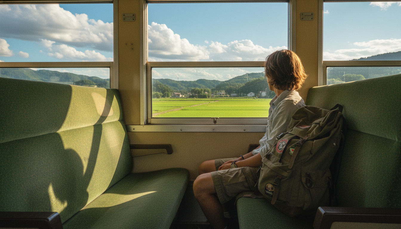 夏の青空の下、ローカル線の車窓から田園風景を眺めるバックパッカー（イメージ画像）