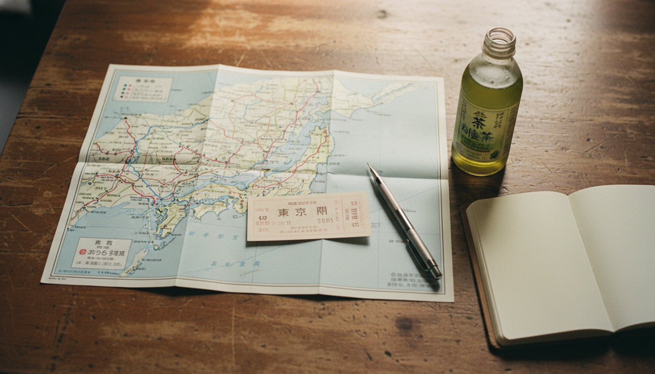 青春18きっぷの実物と路線図を広げたテーブル（イメージ画像）