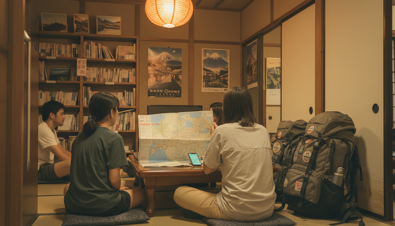ゲストハウスのラウンジでバックパッカー同士が地図を広げて談笑している様子（イメージ画像）