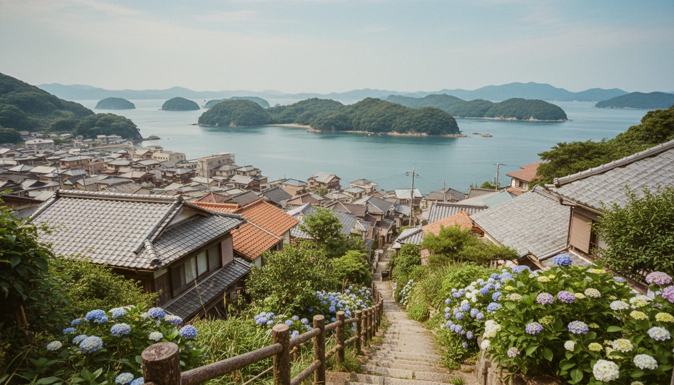 尾道の坂道から見下ろす瀬戸内海と島々の風景（イメージ画像）