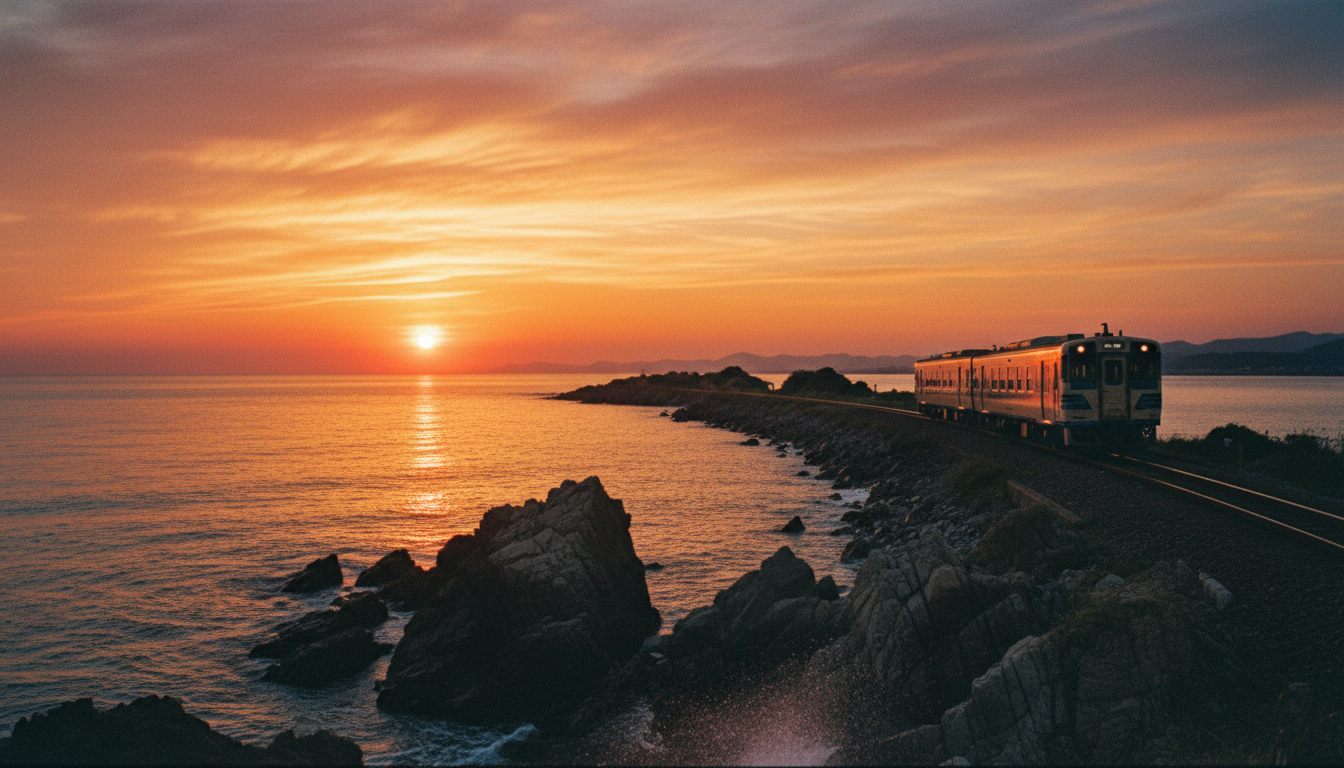 夕暮れの日本海沿いを走るローカル線（羽越本線のイメージ）（イメージ画像）