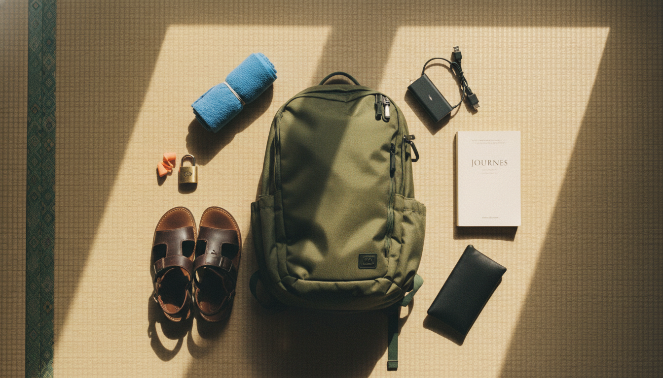 バックパックの中身を並べたフラットレイ写真（耳栓・南京錠・速乾タオル・モバイルバッテリーなど）（イメージ画像）
