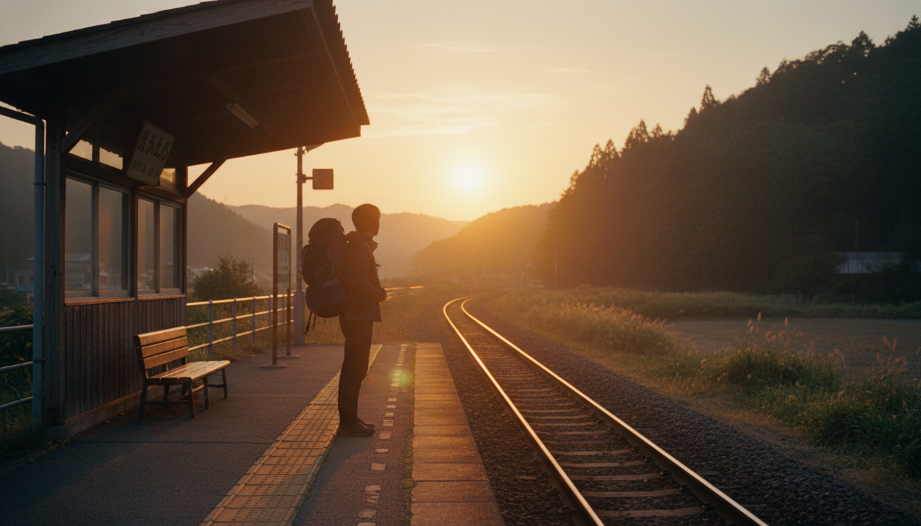 夕焼けのホームで鈍行列車を待つ旅人のシルエット（イメージ画像）