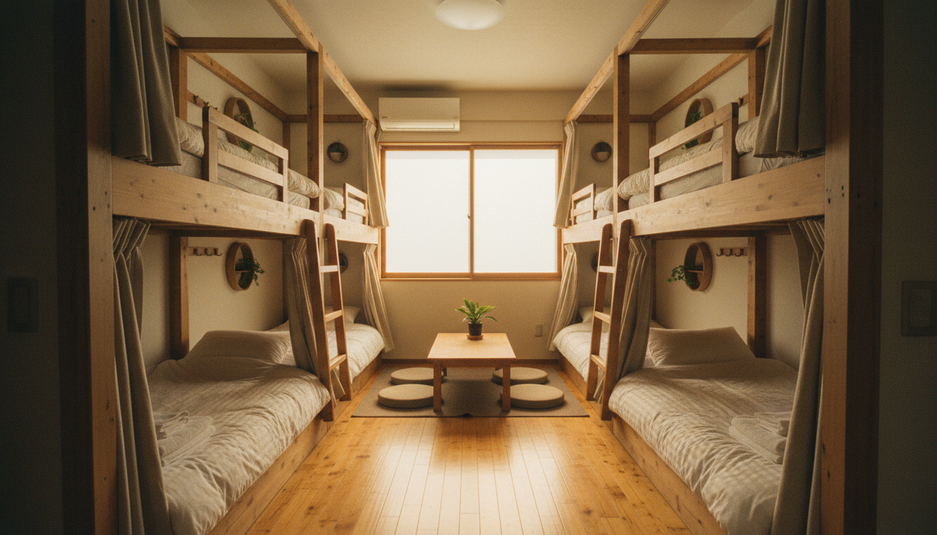 ゲストハウスのドミトリールーム、二段ベッドが並ぶ清潔な空間（イメージ画像）