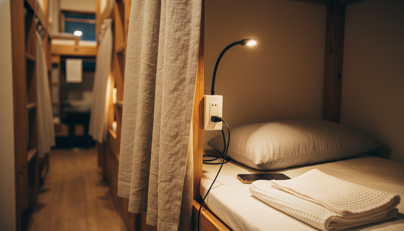 カーテン付きの二段ベッドの内側、読書灯とコンセントが見える（イメージ画像）