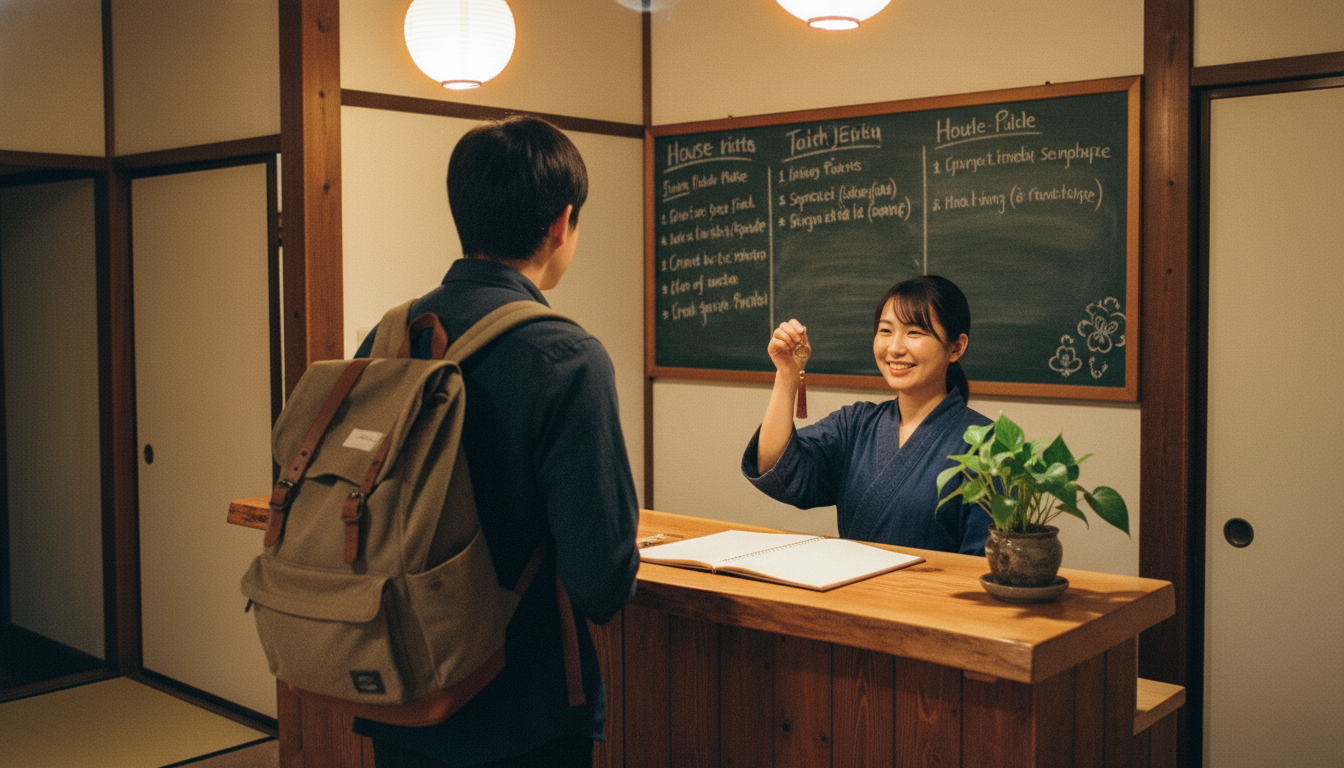 ゲストハウスの受付カウンターでチェックインする旅行者の後ろ姿（イメージ画像）