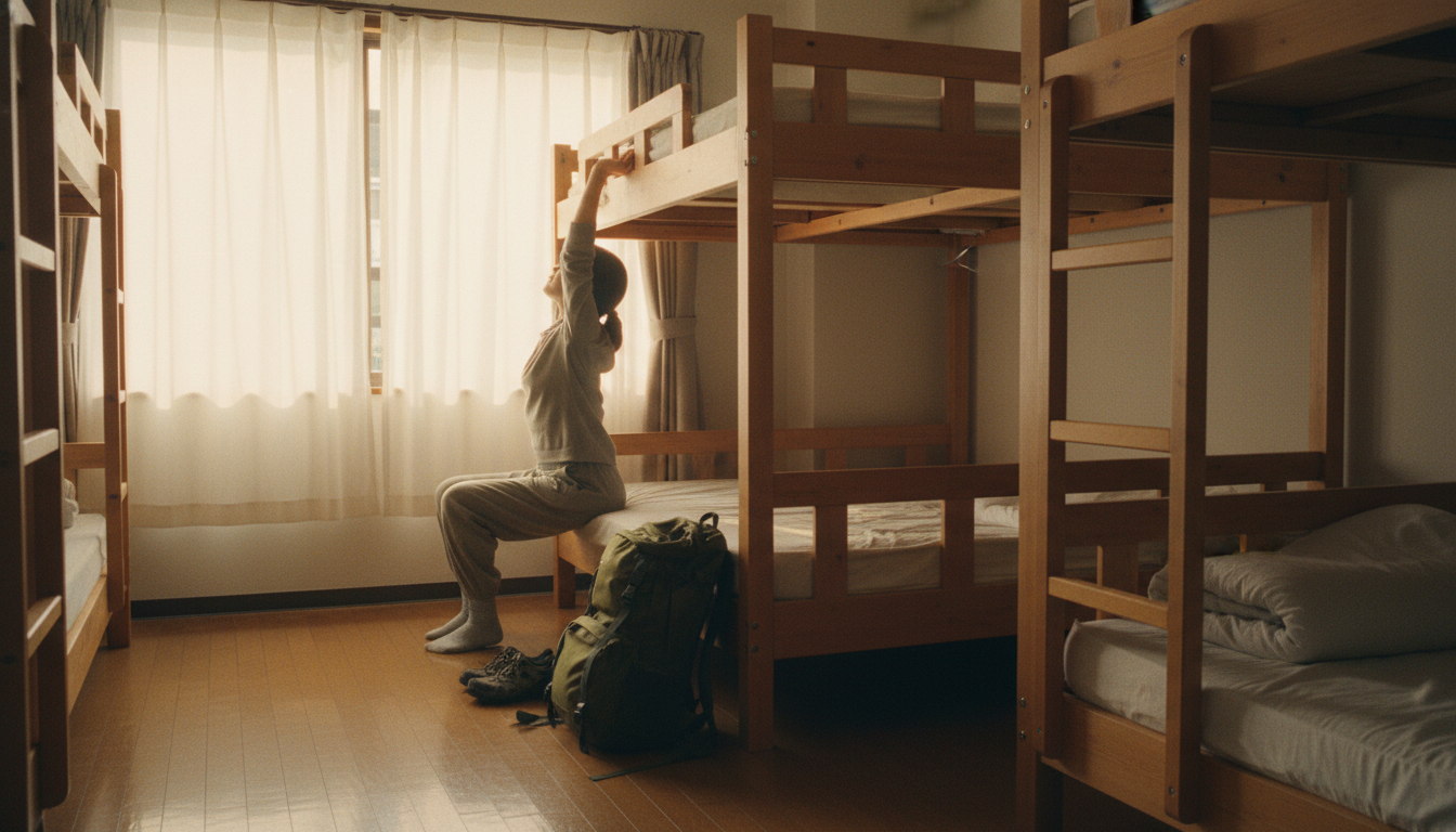 朝のゲストハウス、窓から差し込む朝日とベッドに座る旅行者の後ろ姿（イメージ画像）