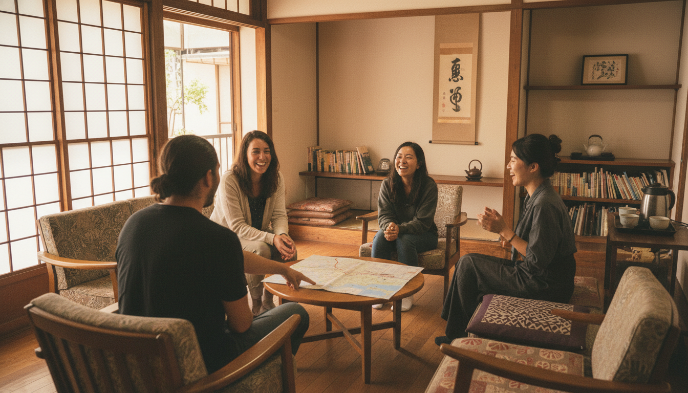 ゲストハウスの共有ラウンジで外国人ゲストと日本人ゲストが笑顔で会話している様子（イメージ画像）