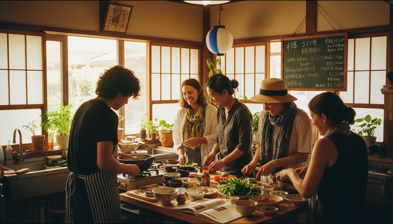 ゲストハウスの共有キッチンで多国籍のゲストが一緒に料理をしている風景（イメージ画像）
