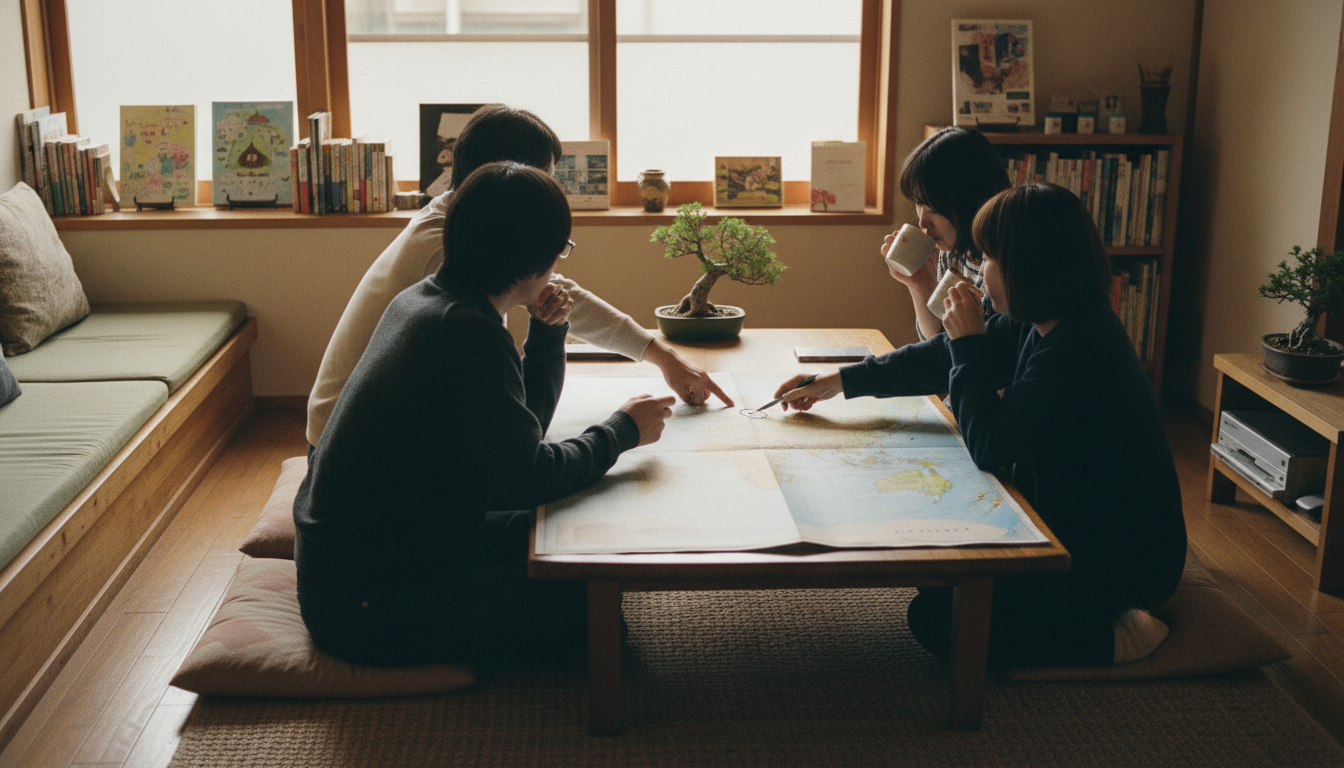 ゲストハウスのラウンジで世界地図を広げながら旅の計画を話し合うゲストたち（イメージ画像）