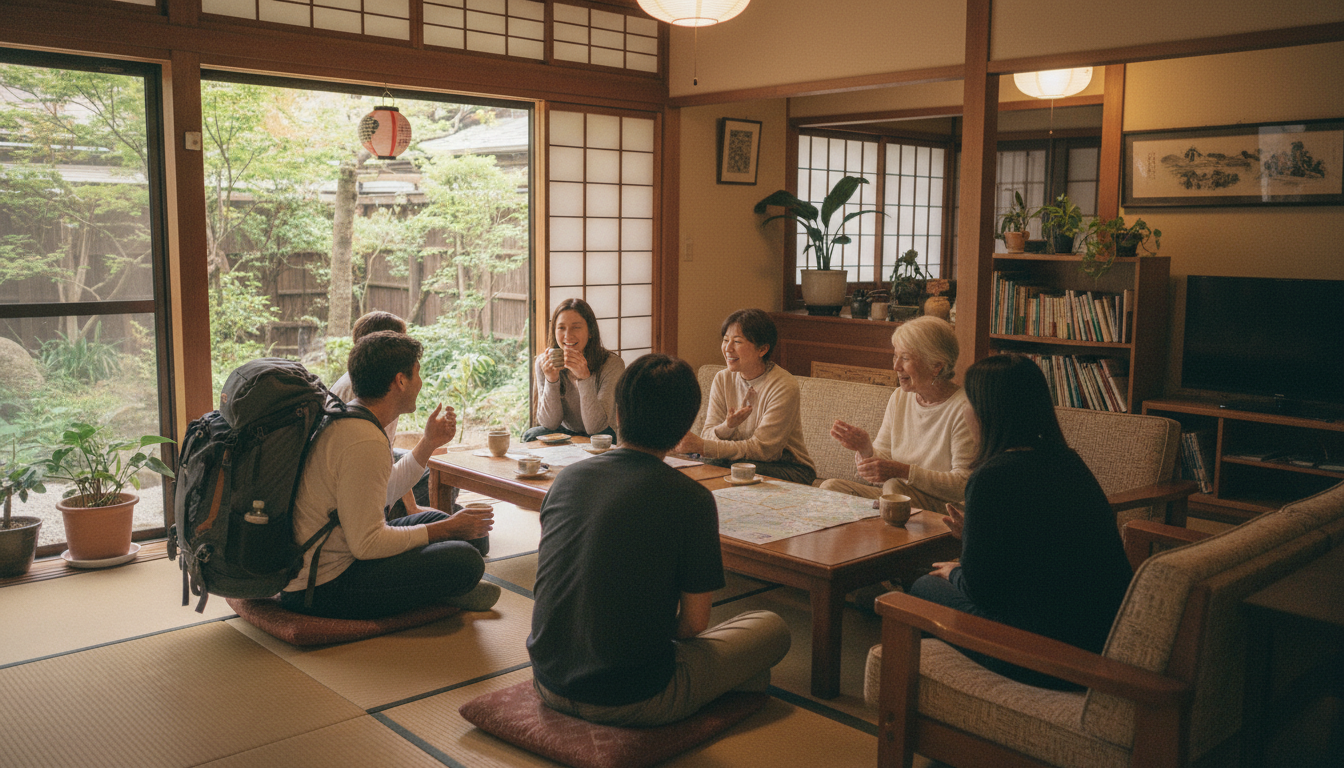 さまざまな年齢の旅行者がゲストハウスのラウンジで談笑しているイメージ（イメージ画像）