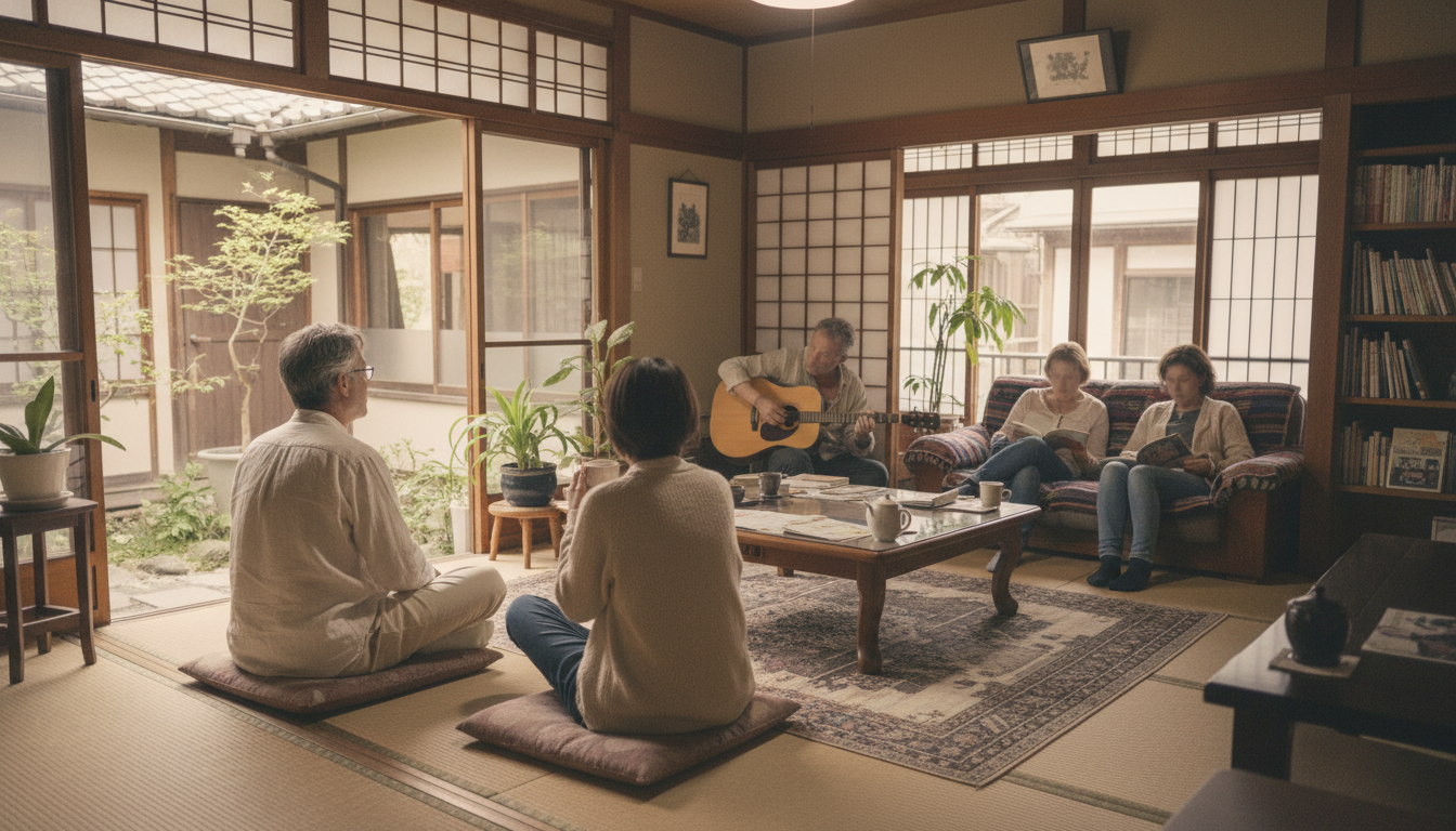 ゲストハウスの共用ラウンジでくつろぐ40代〜50代の旅行者のイメージ（イメージ画像）