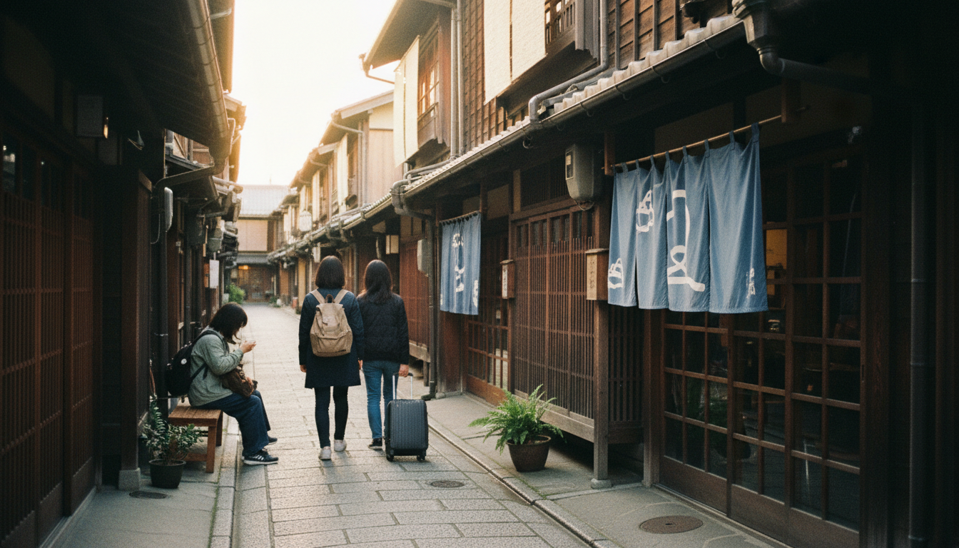 町家の格子戸と暖簾がある路地の写真（イメージ画像）