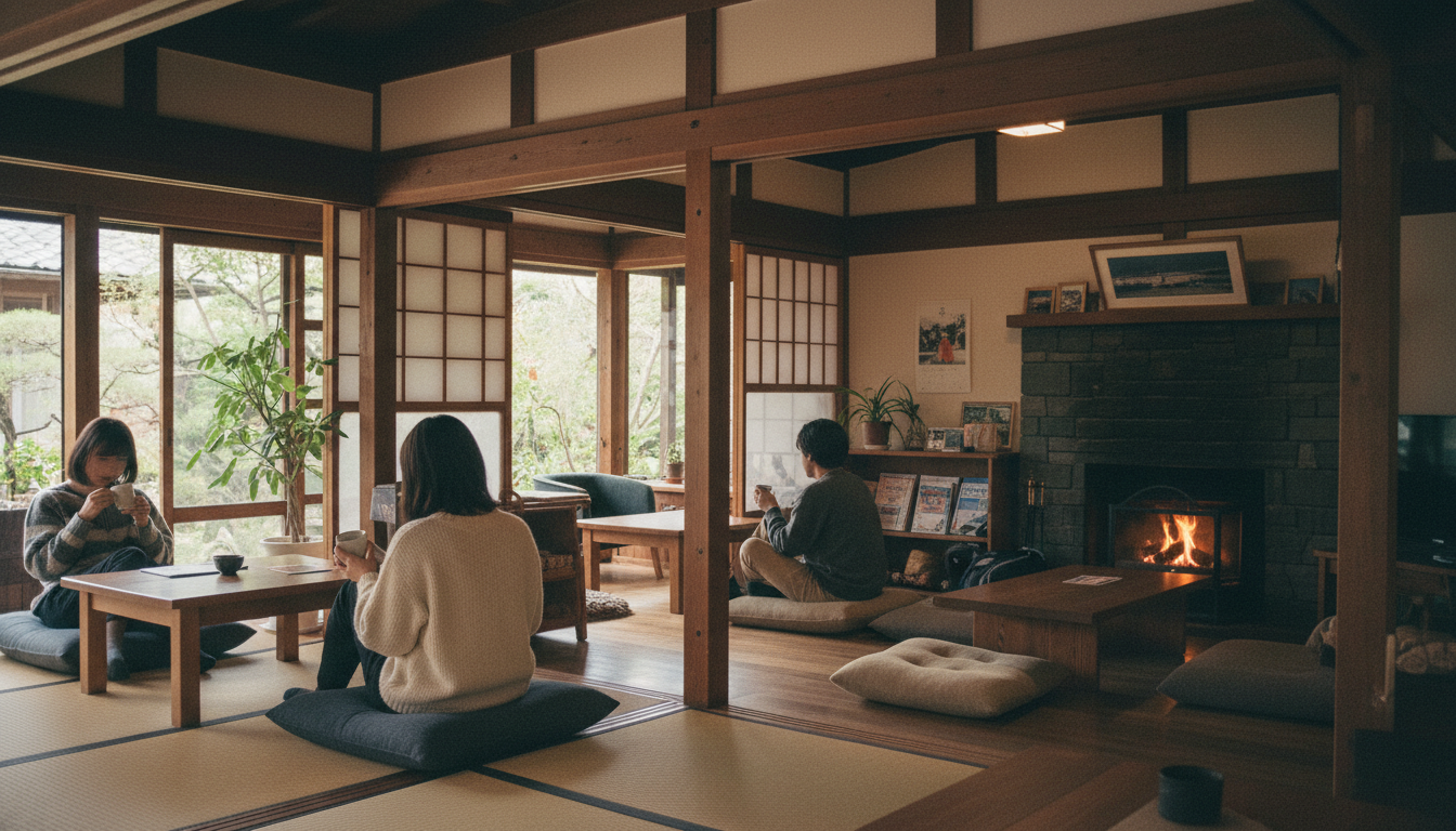 木造のラウンジで旅人がくつろいでいる写真(イメージ画像)
