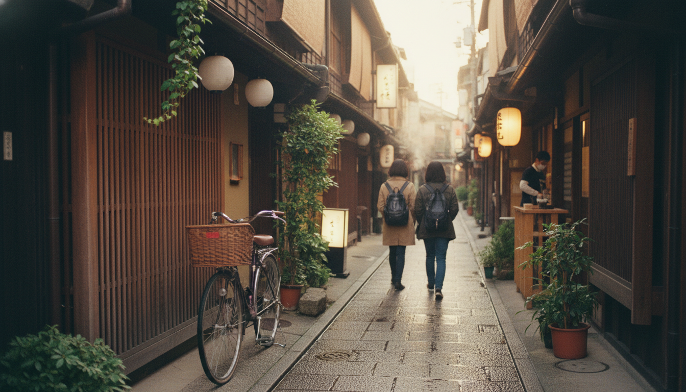 自転車が置かれた京都の路地の朝の写真(イメージ画像)